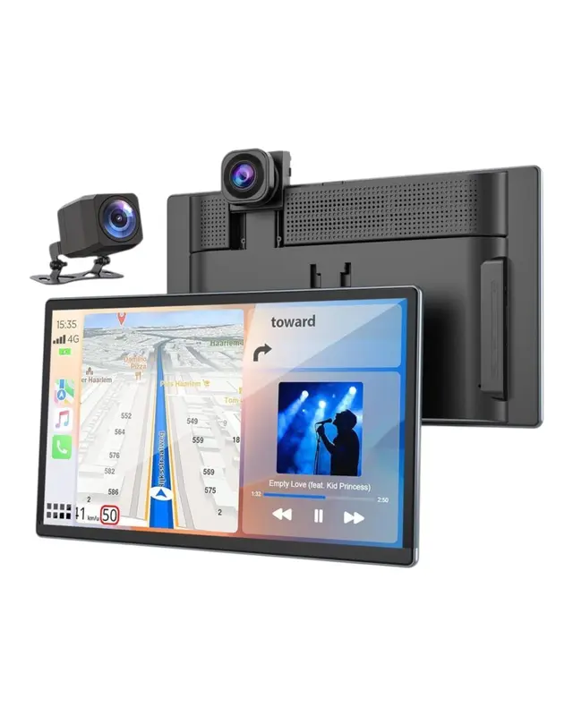 Volam 9" Wireless CarPlay Screen with 4K Dash Cam & 1080P Backup Camera